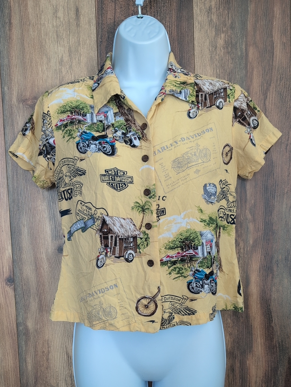 Harley-Davidson Vintage Silk Cropped Button-Down Shirt S 523A - Picture 2 of 5